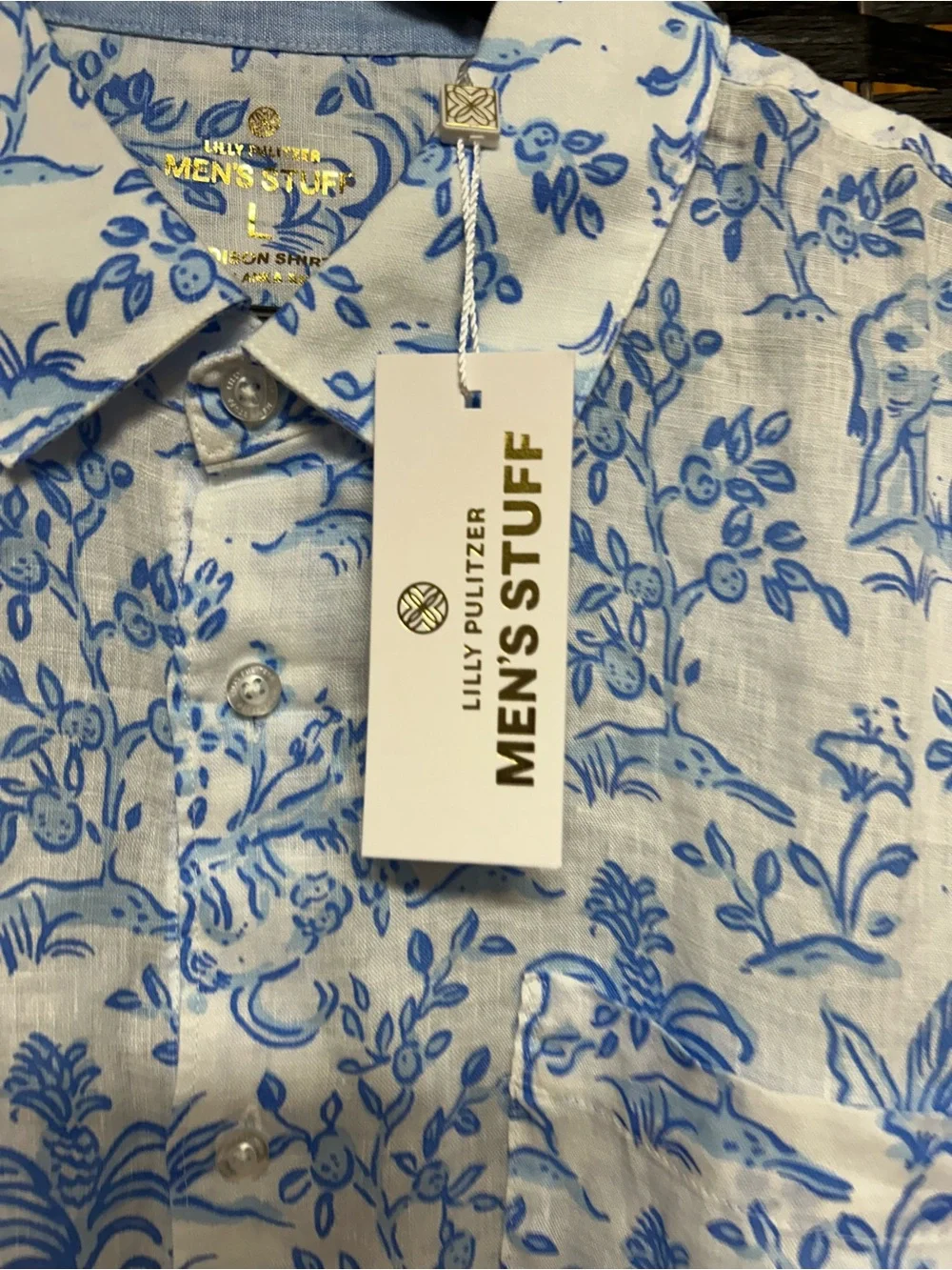 Lilly Pulitzer men's linen giraffe print Addison shirt new blue white large - Picture 2 of 7